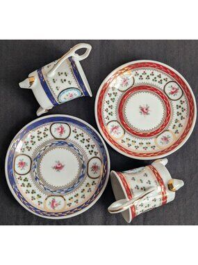 Antique Limoges 2 Demitasse Footed Cup & Saucer Set Red & Blue